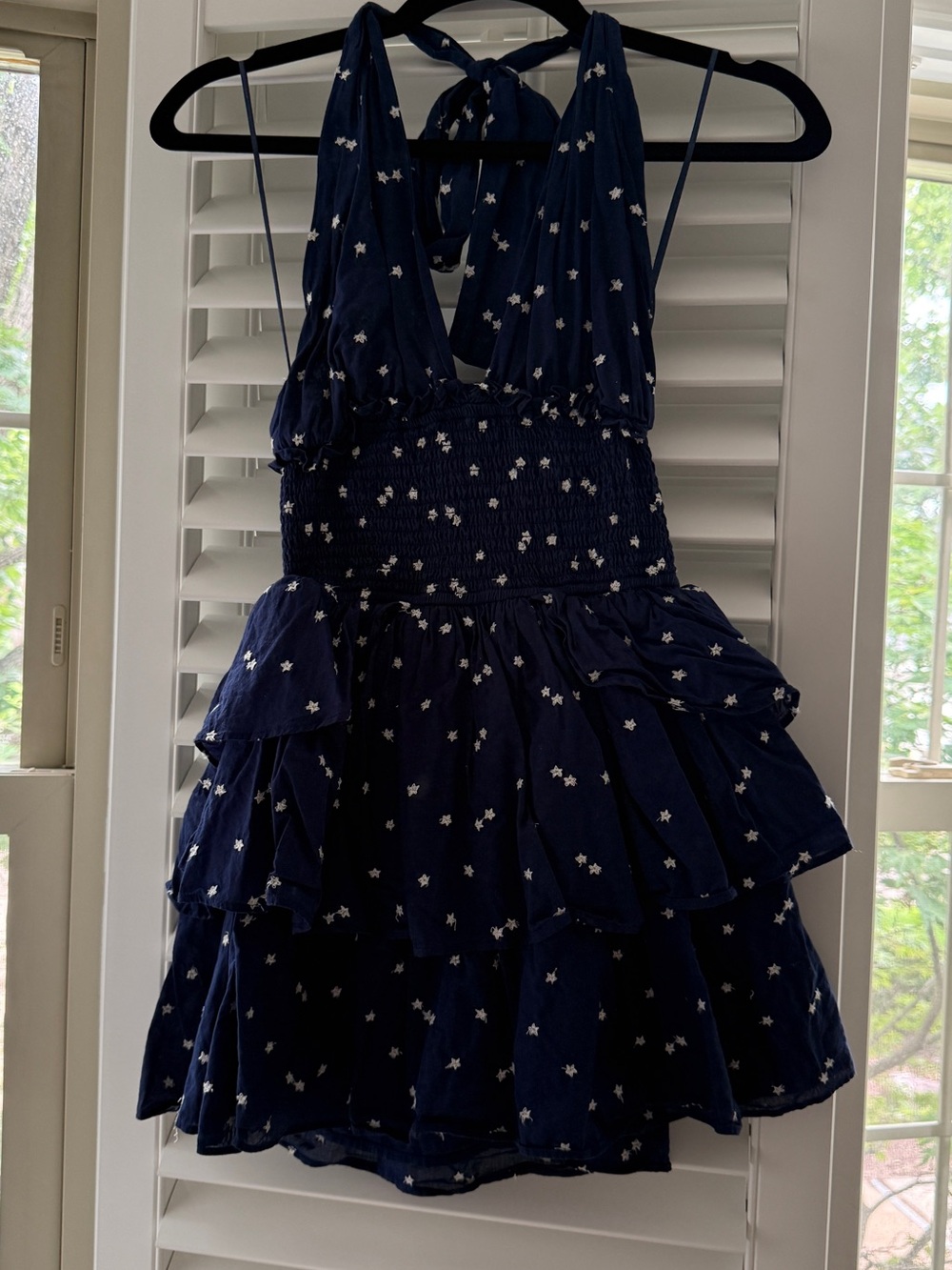 LoveShackFancy Navy Blue Star Print Tiered Mini Dress